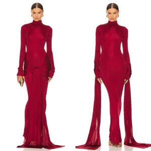 Helsa Slinky Jersey Sarong Long Sleeve Draped Maxi Dress in Samba Red Size XS